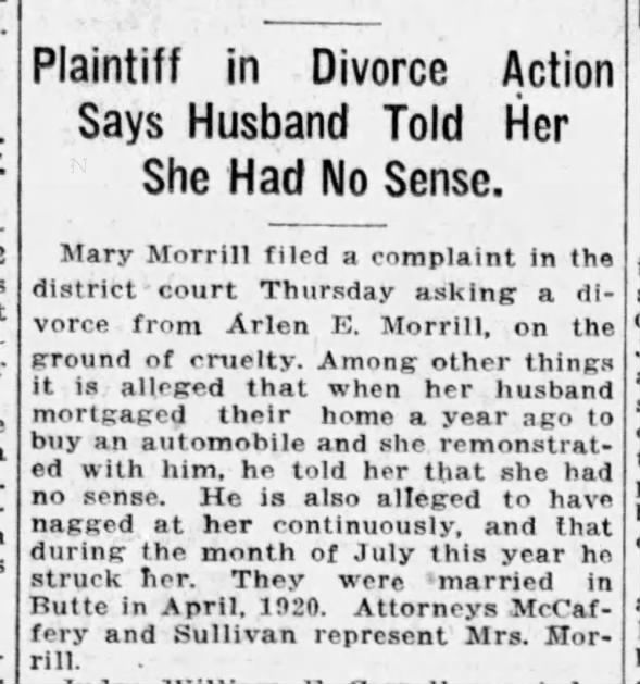 Mary vs. Arlen E. Morrill-divorce.-Aug. 1921 filed.